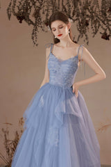 Blue V-Neck Tulle Lace Long Prom Dress, Lovely Spaghetti Straps Evening Dress
