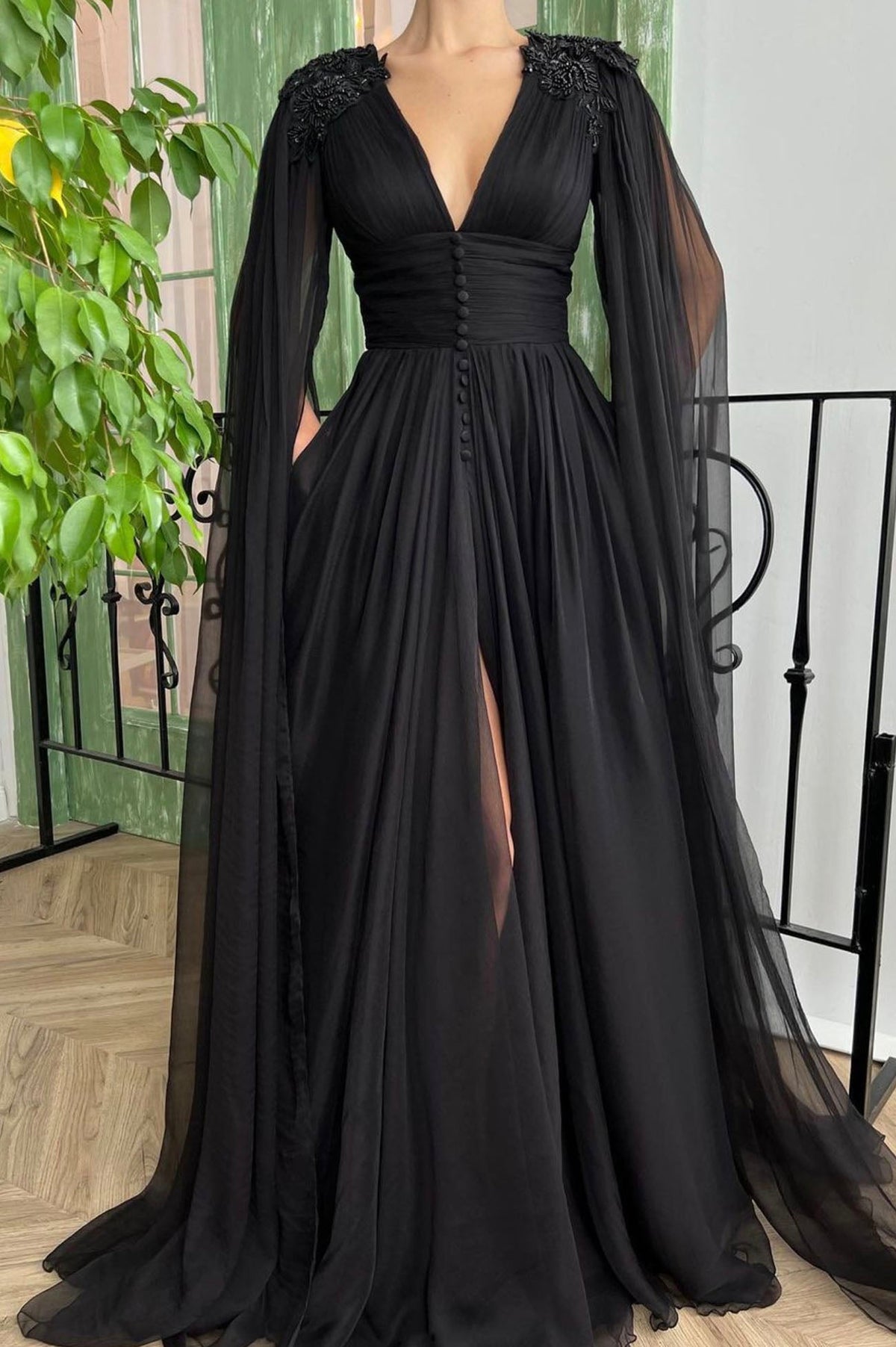 Black V-Neck Chiffon Long Prom Dress, A-Line Evening Dress with Slit