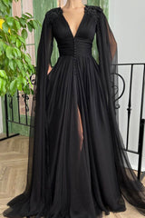 Black V-Neck Chiffon Long Prom Dress, A-Line Evening Dress with Slit