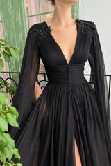 Black V-Neck Chiffon Long Prom Dress, A-Line Evening Dress with Slit