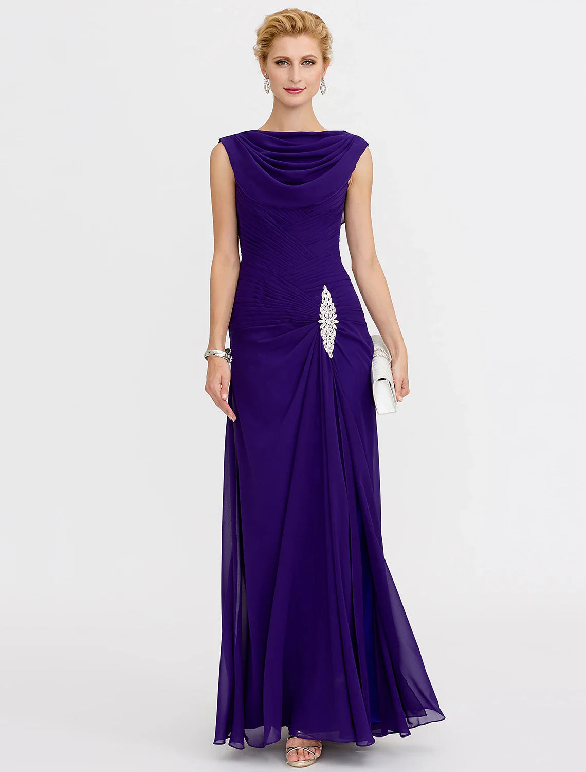 Aimishang Sheath / Column Mother of the Bride Dress Color Block Lace Up Cowl Neck Ankle Length Chiffon Charmeuse Sleeveless with Criss Cross Beading