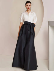 Aimishang A-Line Mother of the Bride Dress Formal Wedding Guest Party Elegant Shirt Collar Floor Length Taffeta Short Sleeve with Bow(s) Color Block