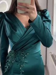 Mermaid / Trumpet Evening Gown Elegant Dress Formal Wedding Guest Floor Length Short Sleeve V Neck African American Satin with Ruched Appliques