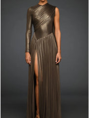Sheath / Column Evening Gown High Split Dress Formal Fall Sweep / Brush Train Long Sleeve Jewel Neck Tulle with Pleats Slit 2025