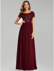 A-Line Bridesmaid Dress Jewel Neck Short Sleeve Elegant Floor Length Chiffon with Sash / Ribbon / Sequin / Sparkle & Shine