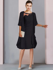 Aimishang  Two Piece A-Line Mother of the Bride Dress Wedding Guest Elegant Scoop Neck Knee Length Chiffon Lace Half Sleeve Wrap Included Jacket Dresses with Ruched Appliques