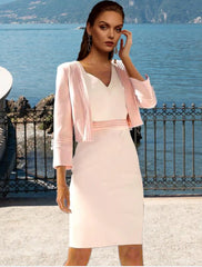 Aimishang Two Piece Sheath / Column Mother of the Bride Dress Elegant V Neck Knee Length Stretch Chiffon Short Sleeve Short Jacket Dresses with Pleats Color Block