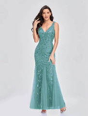 Elegant Party Wear Formal Evening Dress V Neck V Back Sleeveless Floor Length Tulle with Embroidery