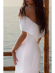 Aimishang Beach Simple Wedding Dresses Mermaid / Trumpet Off Shoulder Cap Sleeve Court Train Satin Bridal Gowns With Ruched