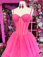 A Line Pink Tiered Tulle Long Sweetheart Prom Dresses