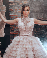 Luxury A-Line High Neck Princess Wedding Dress With Tulle