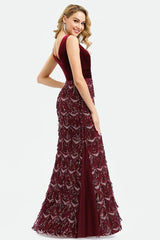 Luxury Burgundy Vlevet V-Neck Mermaid Evening Prom Dress With Tassels