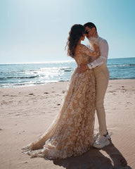 Luxury Long A-line Train Wedding Dress with Lace