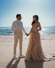 Luxury Long A-line Train Wedding Dress with Lace