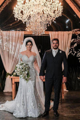 Luxury Long Sleeves Mermaid Off the shoulder Wedding Dress with Appliques Lace