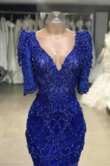 Luxury Royal Blue Half-Sleeve V-Neck Sheath Beadings Prom Dress