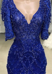 Luxury Royal Blue Half-Sleeve V-Neck Sheath Beadings Prom Dress