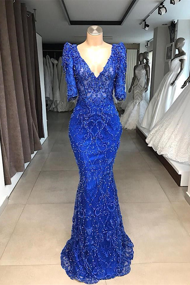 Luxury Royal Blue Half-Sleeve V-Neck Sheath Beadings Prom Dress
