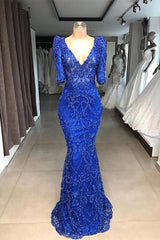 Luxury Royal Blue Half-Sleeve V-Neck Sheath Beadings Prom Dress