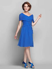A-Line Mother of the Bride Dress Elegant V Neck Knee Length Chiffon Short Sleeve with Criss Cross Beading Ruffles