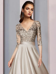 Aimishang  A-Line Mother of the Bride Dress Wedding Guest Elegant V Neck Tea Length Satin Lace Half Sleeve with Pleats Appliques
