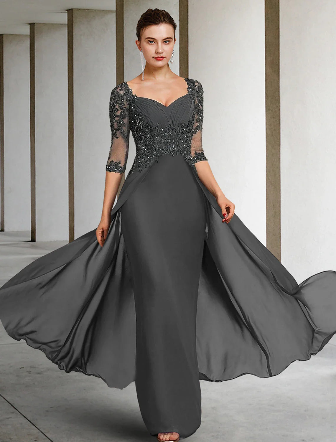 Aimishang Sheath / Column Mother of the Bride Dress Formal Wedding Guest Party Elegant Square Neck Floor Length Chiffon Lace 3/4 Length Sleeve with Sequin Appliques Ruching