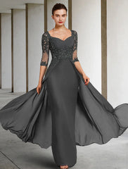 Aimishang Sheath / Column Mother of the Bride Dress Formal Wedding Guest Party Elegant Square Neck Floor Length Chiffon Lace 3/4 Length Sleeve with Sequin Appliques Ruching