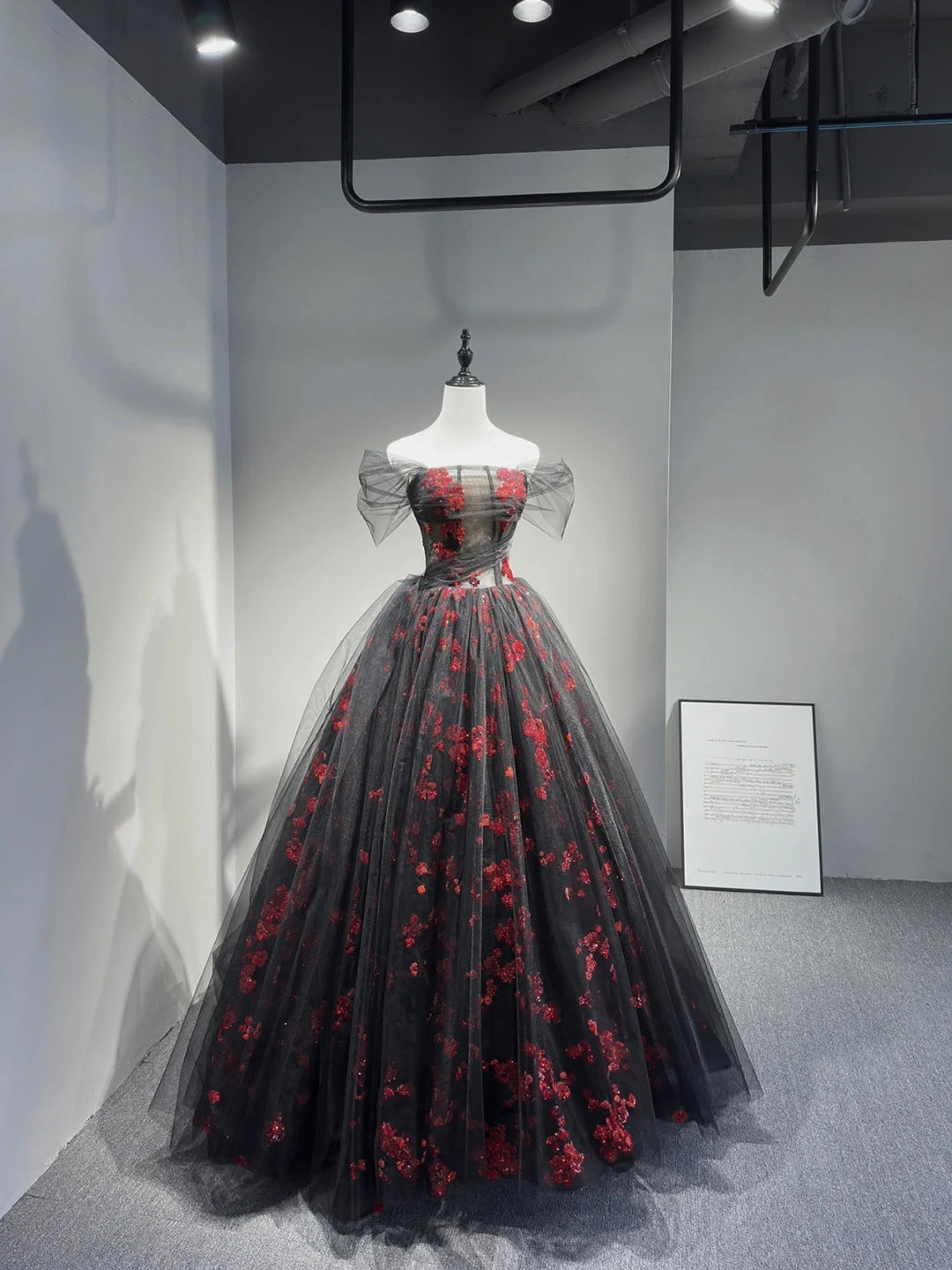 Black Tulle and Red Sequins Floor Length Prom Dress, Off the Shoulder Evening Party Dress