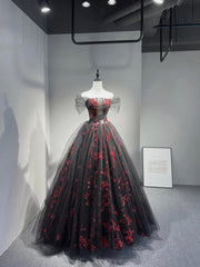 Black Tulle and Red Sequins Floor Length Prom Dress, Off the Shoulder Evening Party Dress