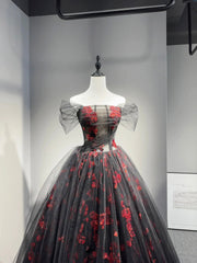 Black Tulle and Red Sequins Floor Length Prom Dress, Off the Shoulder Evening Party Dress