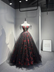 Black Tulle and Red Sequins Floor Length Prom Dress, Off the Shoulder Evening Party Dress