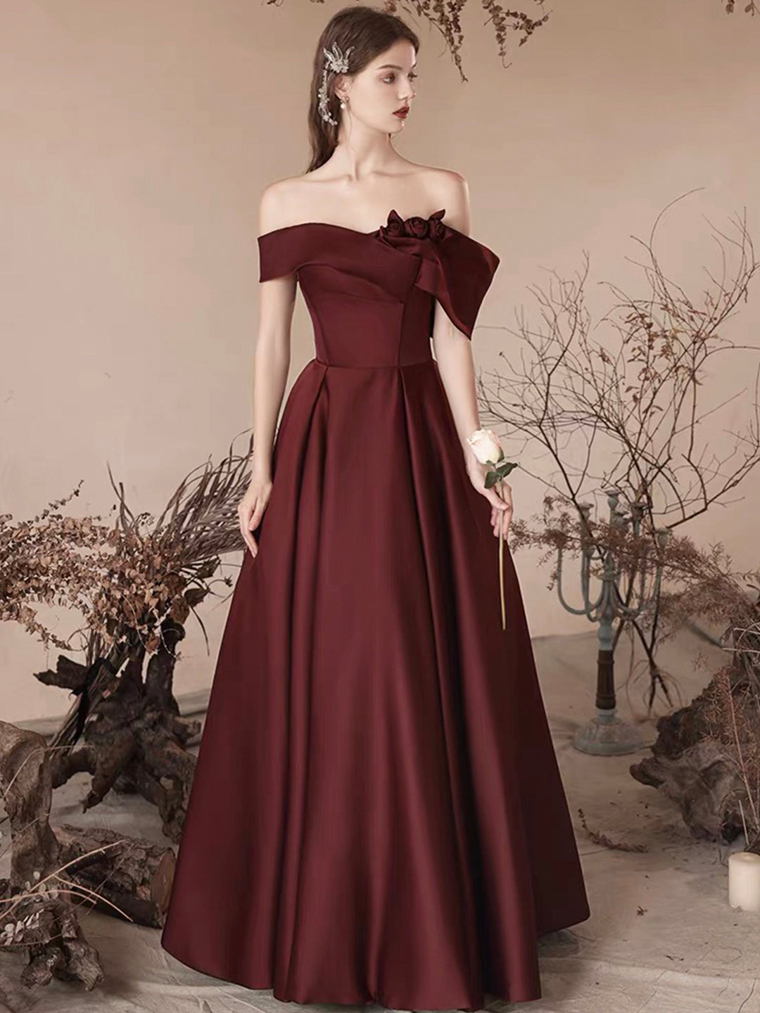 Beautiful Off the Shoulder Satin Long Prom Dress, A-Line Evening Party Dress