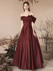 Beautiful Off the Shoulder Satin Long Prom Dress, A-Line Evening Party Dress