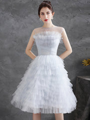 Gray Tulle Round Neck Party Dresses, Lovely Knee-Length Prom Dresses