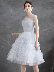 Gray Tulle Round Neck Party Dresses, Lovely Knee-Length Prom Dresses