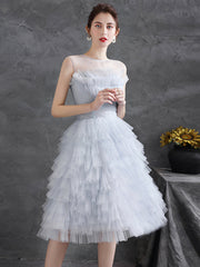 Gray Tulle Round Neck Party Dresses, Lovely Knee-Length Prom Dresses