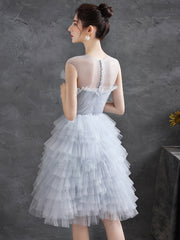 Gray Tulle Round Neck Party Dresses, Lovely Knee-Length Prom Dresses