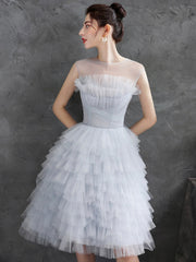 Gray Tulle Round Neck Party Dresses, Lovely Knee-Length Prom Dresses