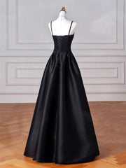 Black Spaghetti Strap Satin Long Prom Dress, Black A-Line Evening Dress