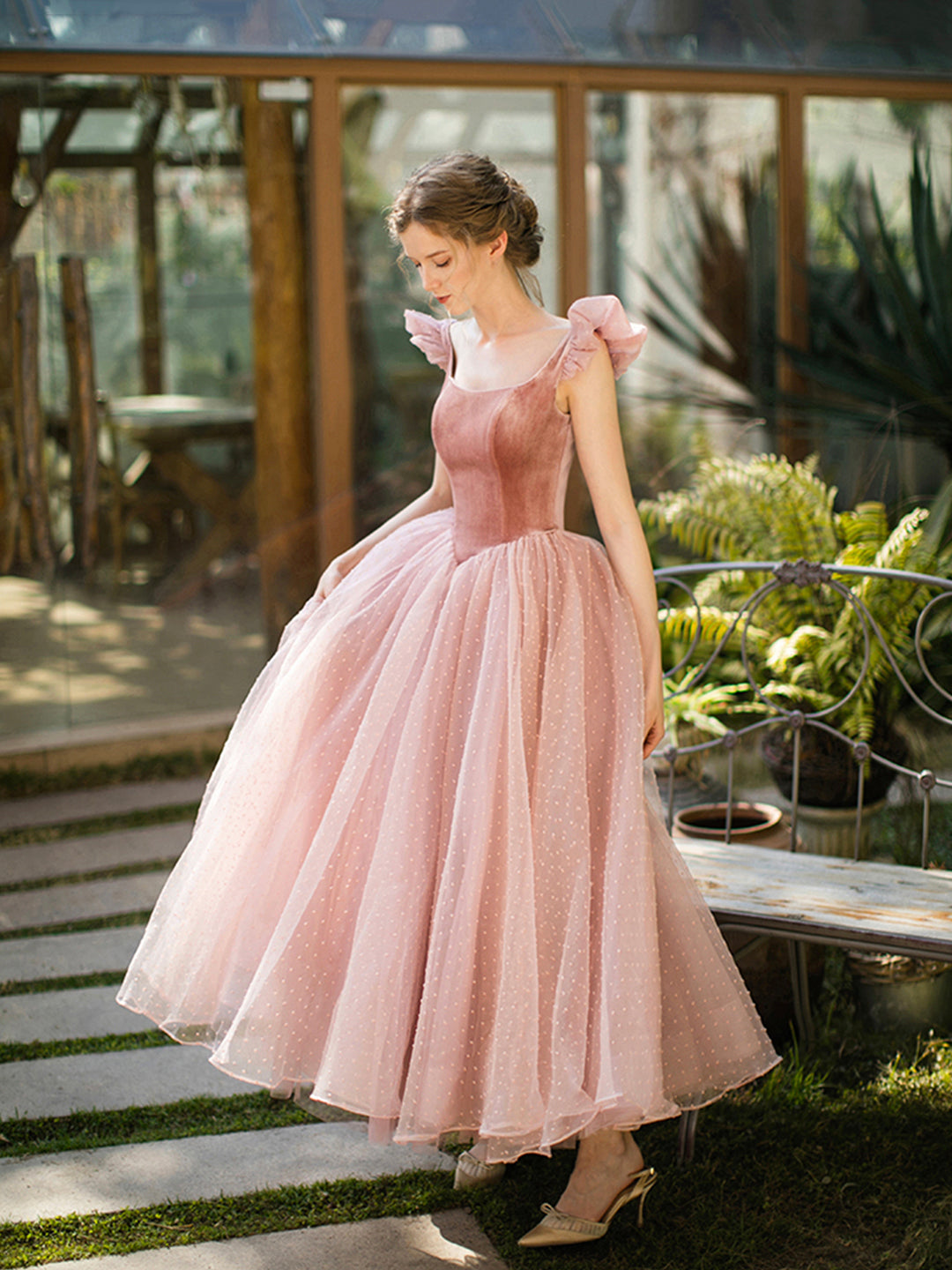 Retro Pink Velvet Tulle Tea Length Prom Dresses, A-Line U-Neck Short Sleeve Princess Party Dresses