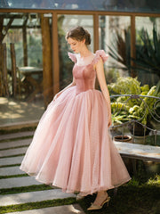 Retro Pink Velvet Tulle Tea Length Prom Dresses, A-Line U-Neck Short Sleeve Princess Party Dresses