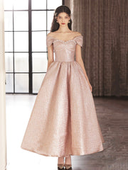 Cute Satin Tea Length Prom Dress, Off the Shoulder Pink A-Line Party Dress