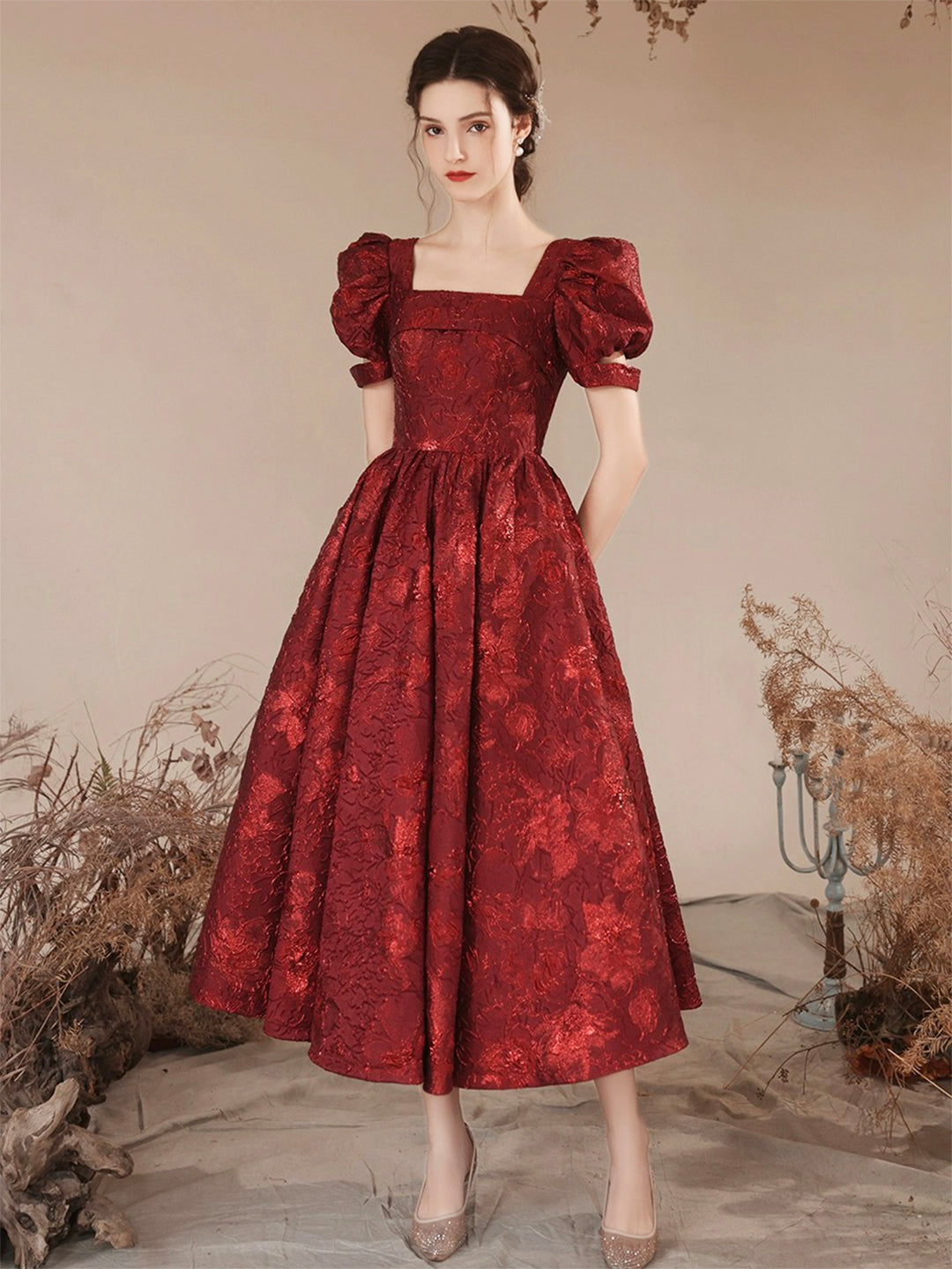 Burgundy A-Line Tea Length Prom Dress, Cute Short Sleeve Evening Party Dress