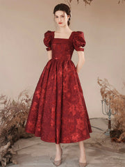 Burgundy A-Line Tea Length Prom Dress, Cute Short Sleeve Evening Party Dress