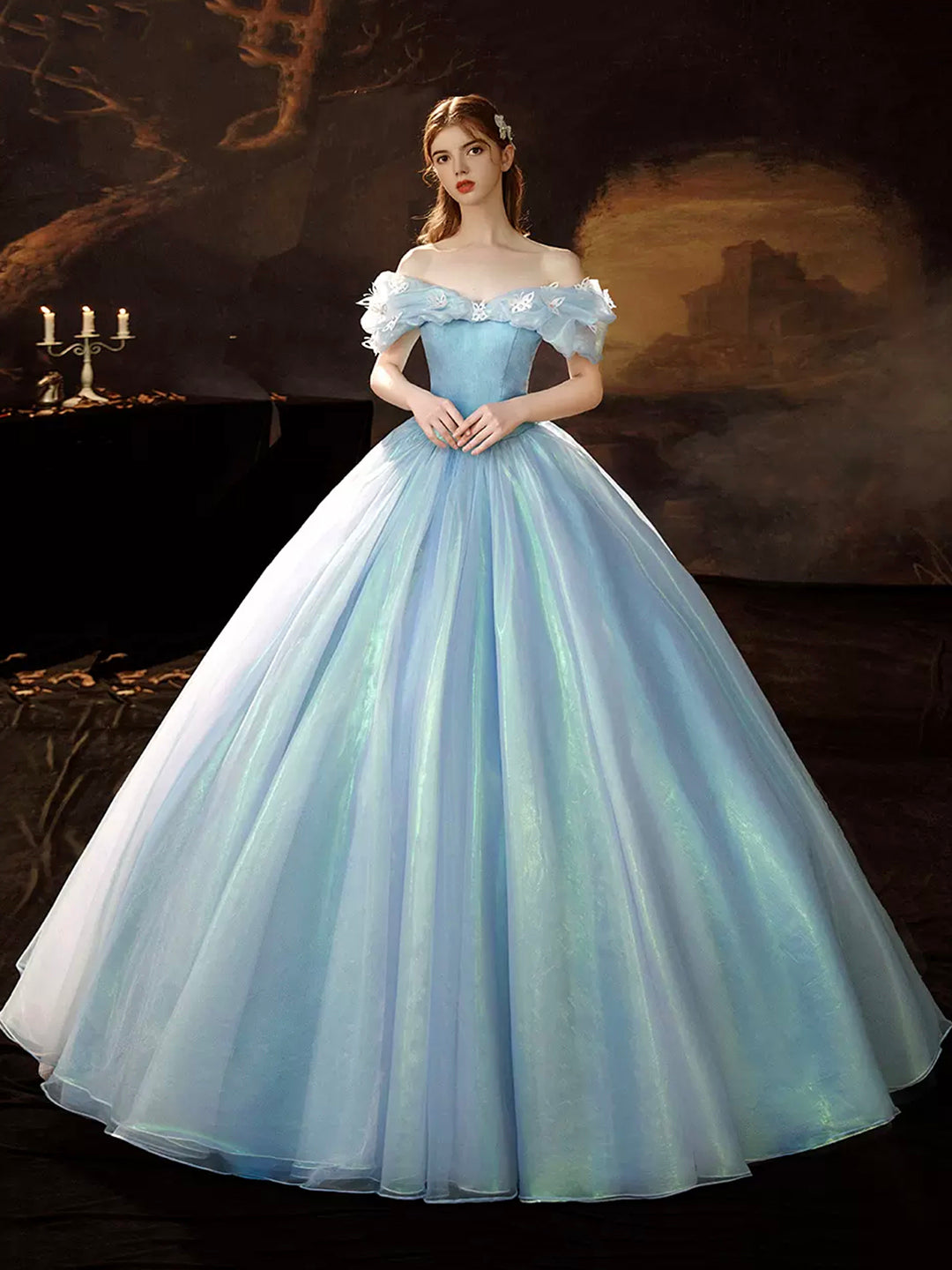 A-Line Blue Princess Dress, Off the Shoulder Organza Butterfly Formal Dress