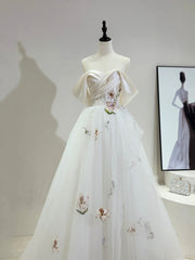 Beautiful Tulle Lace Long Prom Dress, Off the Shoulder Evening Party Dress