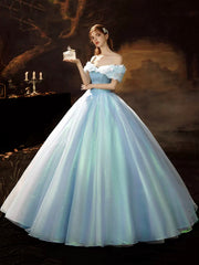 A-Line Blue Princess Dress, Off the Shoulder Organza Butterfly Formal Dress
