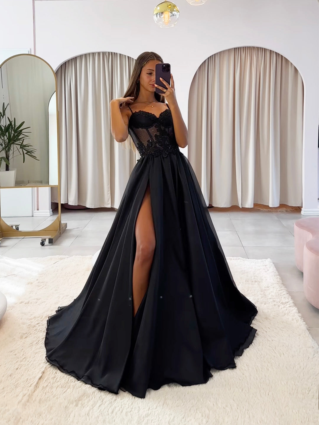 Black Chiffon Lace Long Prom Dress, Black Spaghetti Strap A-Line Evening Dress with Slit