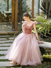 Retro Pink Velvet Tulle Tea Length Prom Dresses, A-Line U-Neck Short Sleeve Princess Party Dresses