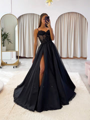 Black Chiffon Lace Long Prom Dress, Black Spaghetti Strap A-Line Evening Dress with Slit